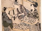 an image of a painting of two women sitting at a table with flowers
