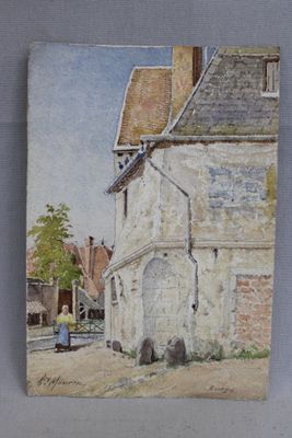 une photo d'un tableau représentant un bâtiment accroché au mur