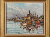 an oil painting of a harbor scene with boats in the water