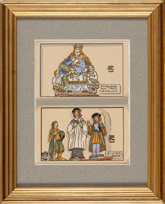two cross stitch pictures of a man and a woman with a child