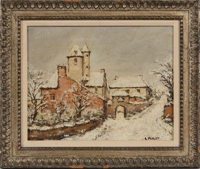 un tableau représentant un château sous la neige, par une journée enneigée