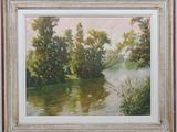 an oil painting of a river scene with trees in the background