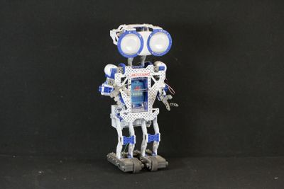 a robot that is standing on a black surface