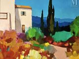 une peinture à l'huile représentant une église au milieu d'un champ de fleurs