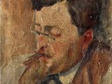 tableau représentant un homme avec une pipe à la bouche et un chapeau sur la tête