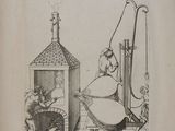 an old book with a drawing of a woman sitting in front of a stove