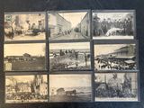 several old black and white photographs of people and horses in a town