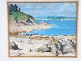 a painting of a person on the beach by the water