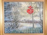 painting of a red heart hanging from a tree in a snowy landscape