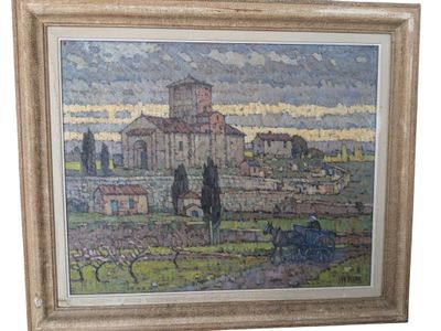 painting of a view of a town with a church in the background