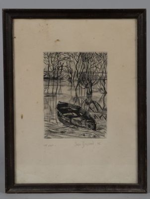 dessin représentant un bateau flottant sur un lac, avec des arbres en arrière-plan