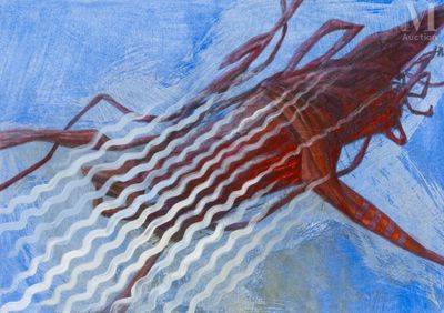 une peinture représentant un calmar flottant dans l'eau