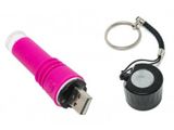 a pink flashlight and a keychain on a white background