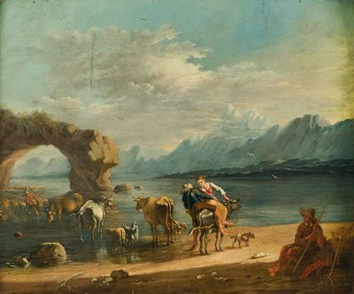 tableau représentant un homme à cheval, avec un groupe de personnes à bord