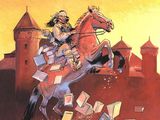 illustration représentant un homme à cheval, avec de nombreux livres posés par terre