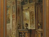 une peinture à l'huile représentant une pièce avec une cheminée et un tableau accroché au mur