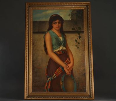 painting of a woman in a blue and brown dress holding a tennis racquet