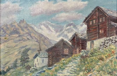 a painting of a house on a hill with mountains in the background
