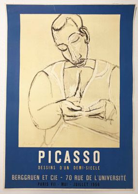 tableau représentant un homme tenant un téléphone portable devant une affiche bleue et blanche