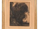 une image représentant un tableau où figurent un homme et un chien dans un paysage