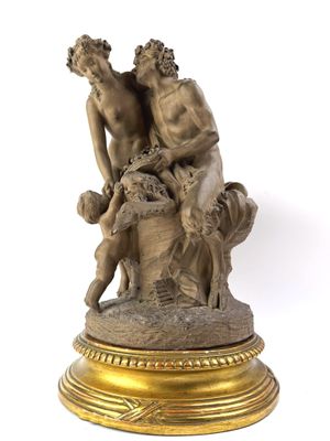 CLODION, Groupe en terre cuite signée, présentant un faune, …