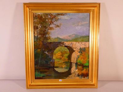 a painting of a man standing in front of a bridge