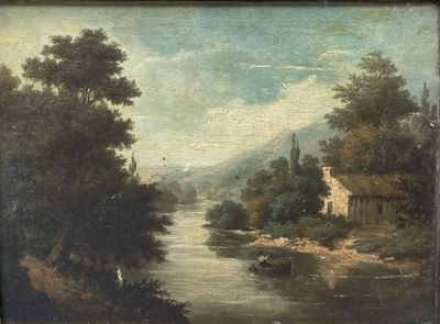 painting of a river scene with a house and a boat in the foreground
