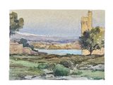 watercolor painting of a landscape with a river and a castle