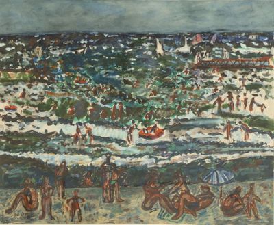an image of a painting of people on the beach with umbrellas