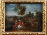 an oil painting of a group of people riding horses in a wooded area