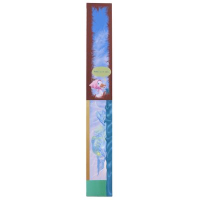 a close up of a bookmark with a picture of a bird on it