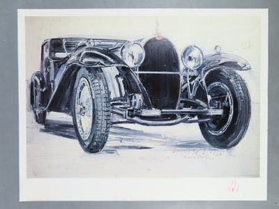 dessin représentant une voiture ancienne en noir et blanc