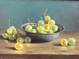 un tableau représentant des raisins dans un bol posé sur une table