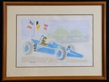 painting of a blue race car with a man in the cockpit