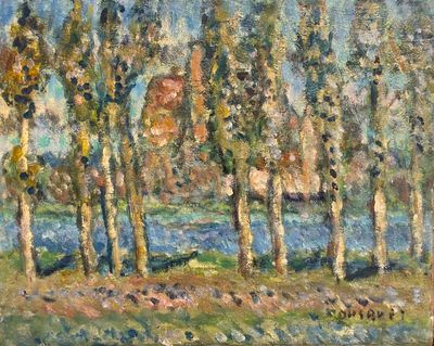 painting of trees in a field with a river in the background