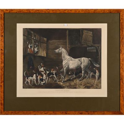 une image représentant un tableau où l'on voit un cheval et des chiens dans une écurie