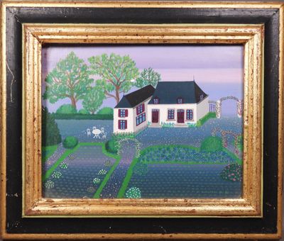 tableau représentant une maison blanche au milieu d'un champ de fleurs bleues