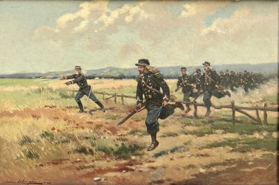 tableau représentant un groupe d'hommes en uniforme marchant dans un champ