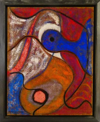 painting of a painting of a woman ' s face with a red, blue, and orange background