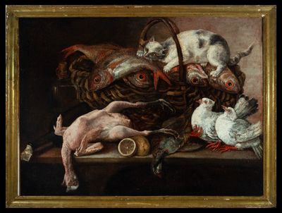 une photo d'un tableau représentant des chats et des poulets posés sur une table