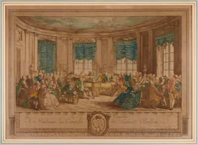 un vieux tableau représentant un grand groupe de personnes assises autour d'une table