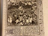 an old book with a picture of a group of people riding horses