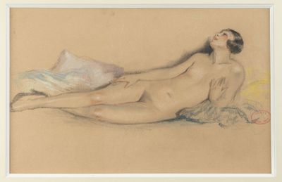 drawing of a nude female reclining on a bed with a pillow