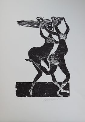 une image représentant un dessin en noir et blanc de deux femmes portant des paniers