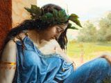 a painting of a woman sitting on the ground