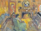 a painting of a living room with a fire place