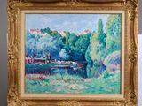 un tableau représentant des vaches dans un champ au bord de l'eau