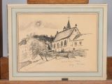 drawing of a church with a steeple on the top of it