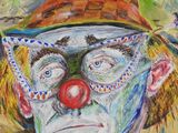 painting of a clown wearing a hat and glasses with a checkered shirt