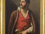 an oil painting of a man in a red shirt and brown jacket